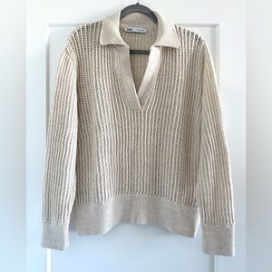 Zara Beige V-Neck Knit Sweater